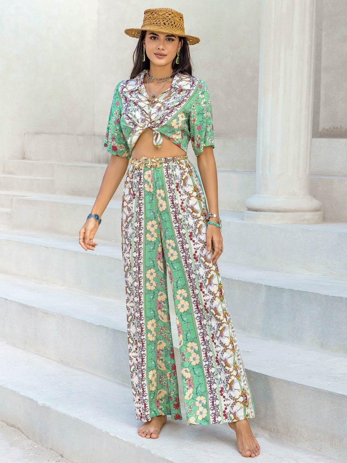 Printed Half Sleeve Top and Wide Leg Pants Set - DaTrendStore.Com
