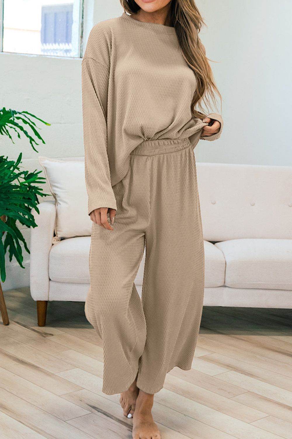 Round Neck Dropped Shoulder Top and Pants Set - DaTrendStore.Com