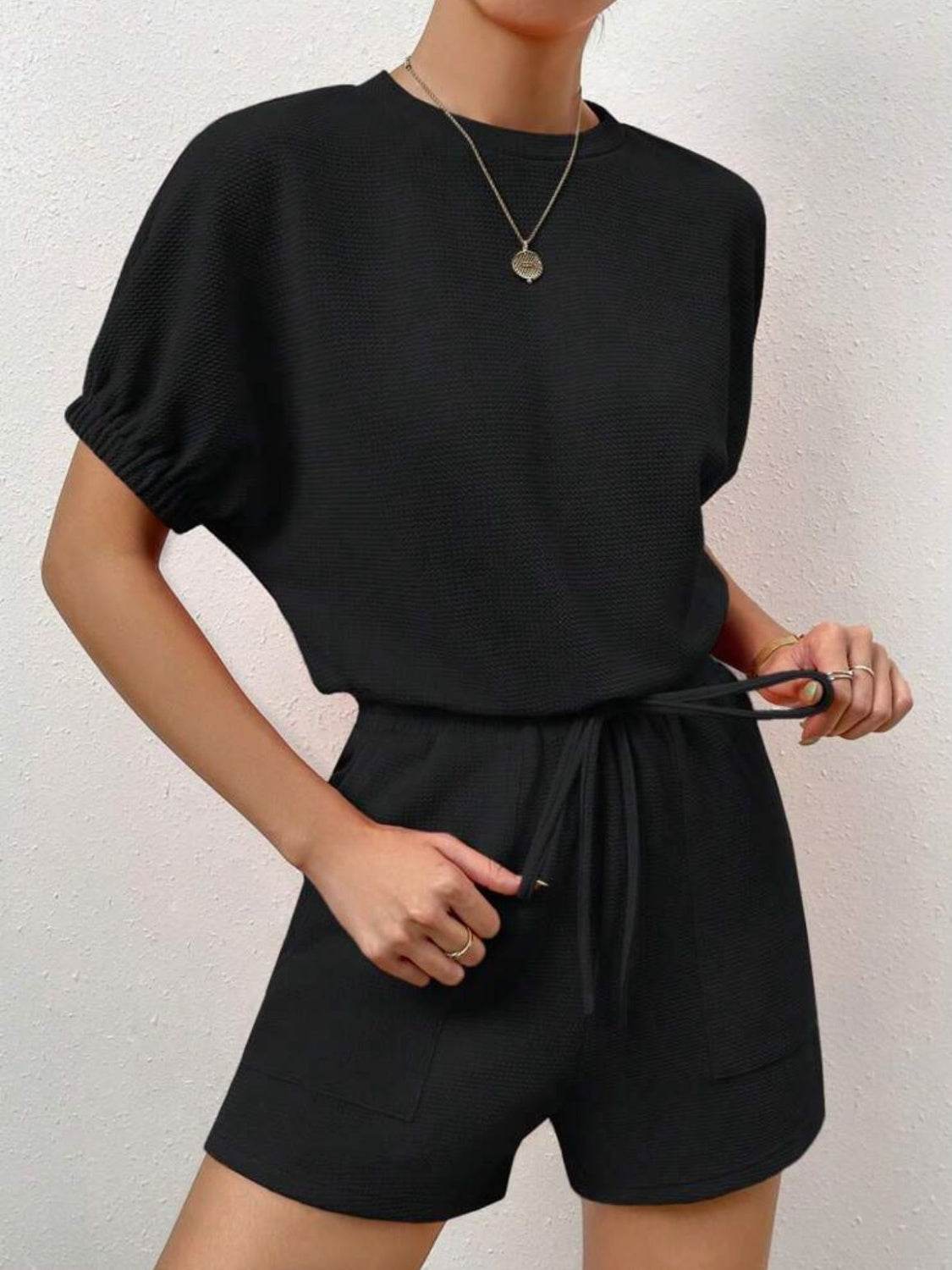 Waffle-Knit Round Neck T-Shirt and Pocketed Shorts Lounge Set - DaTrendStore.Com
