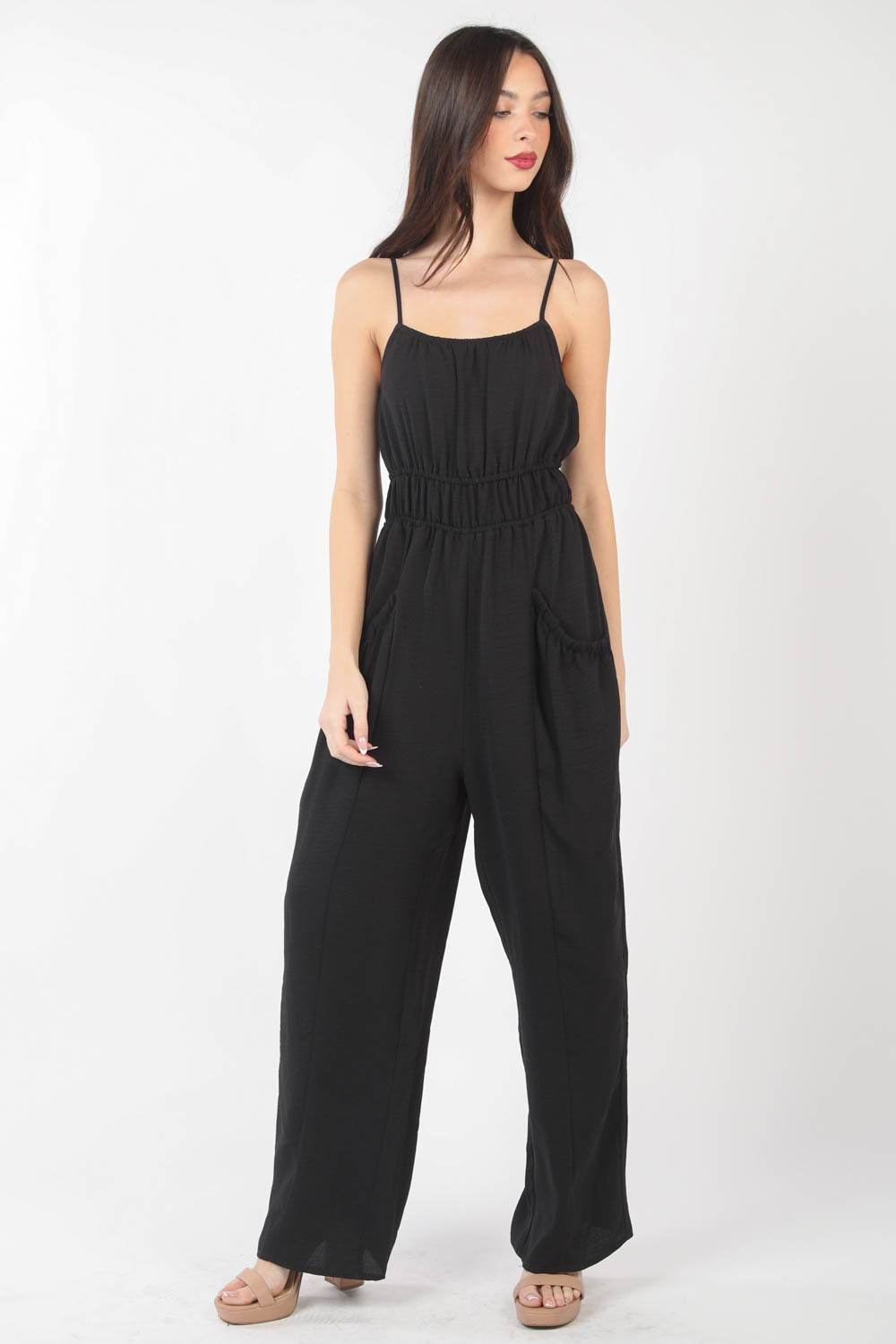 VERY J Pintuck Detail Woven Sleeveless Jumpsuit - DaTrendStore.Com