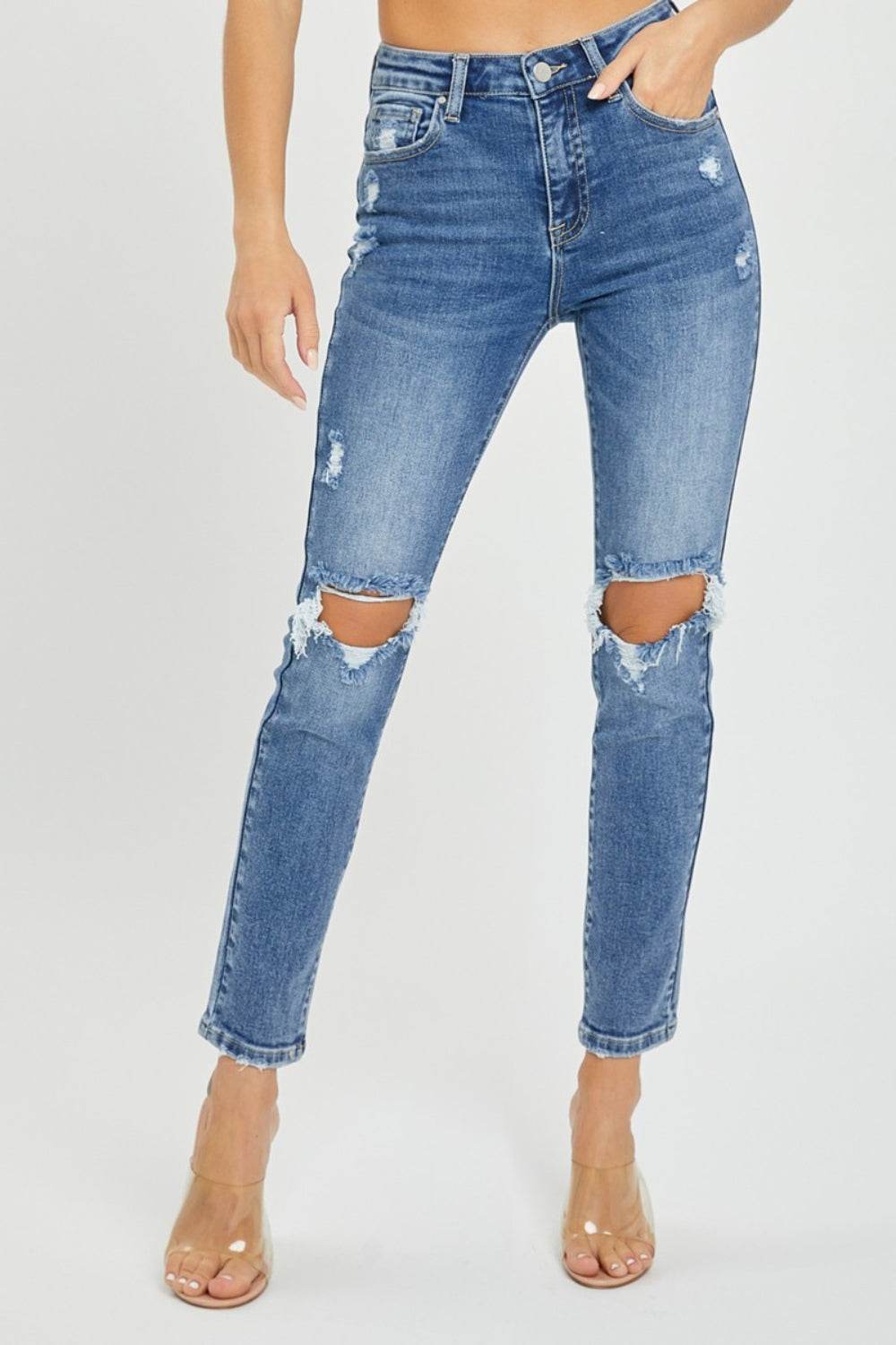 Risen Full Size High Rise Knee Distressed Skinny Jeans - DaTrendStore.Com