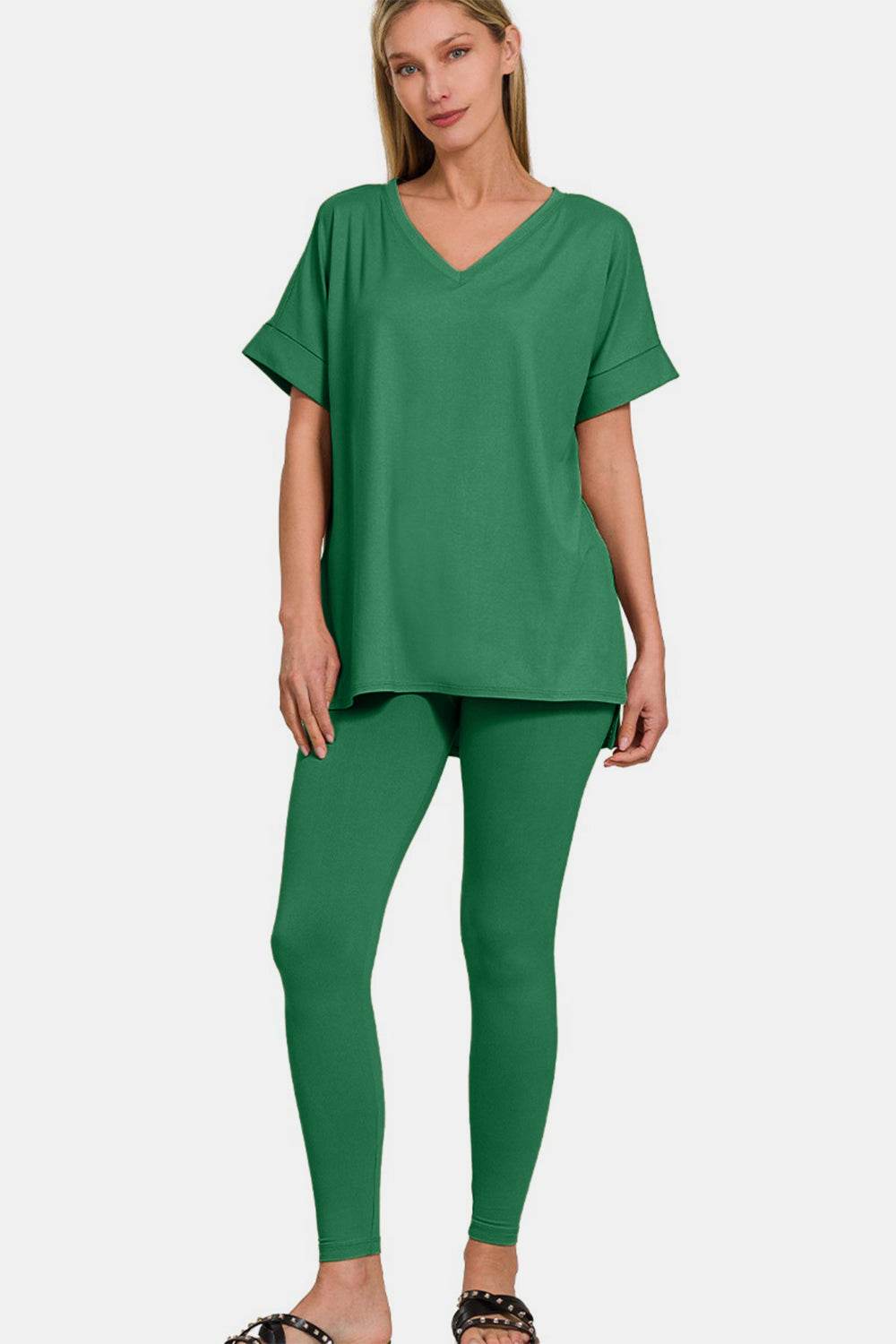 Zenana Full Size V-Neck Rolled Short Sleeve T-Shirt and Leggings Lounge Set - DaTrendStore.Com