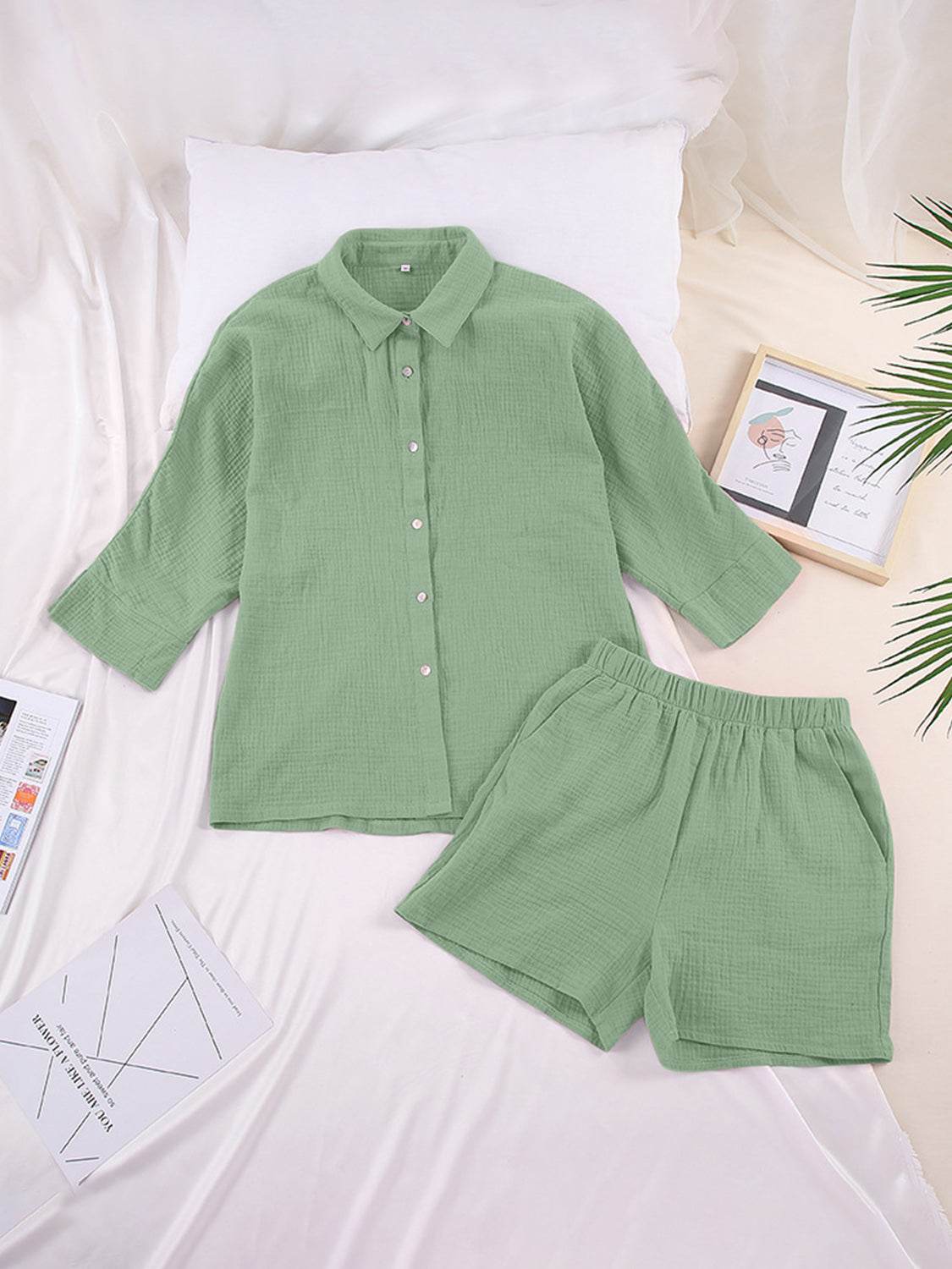 Texture Button Up Shirt and Shorts Set - DaTrendStore.Com