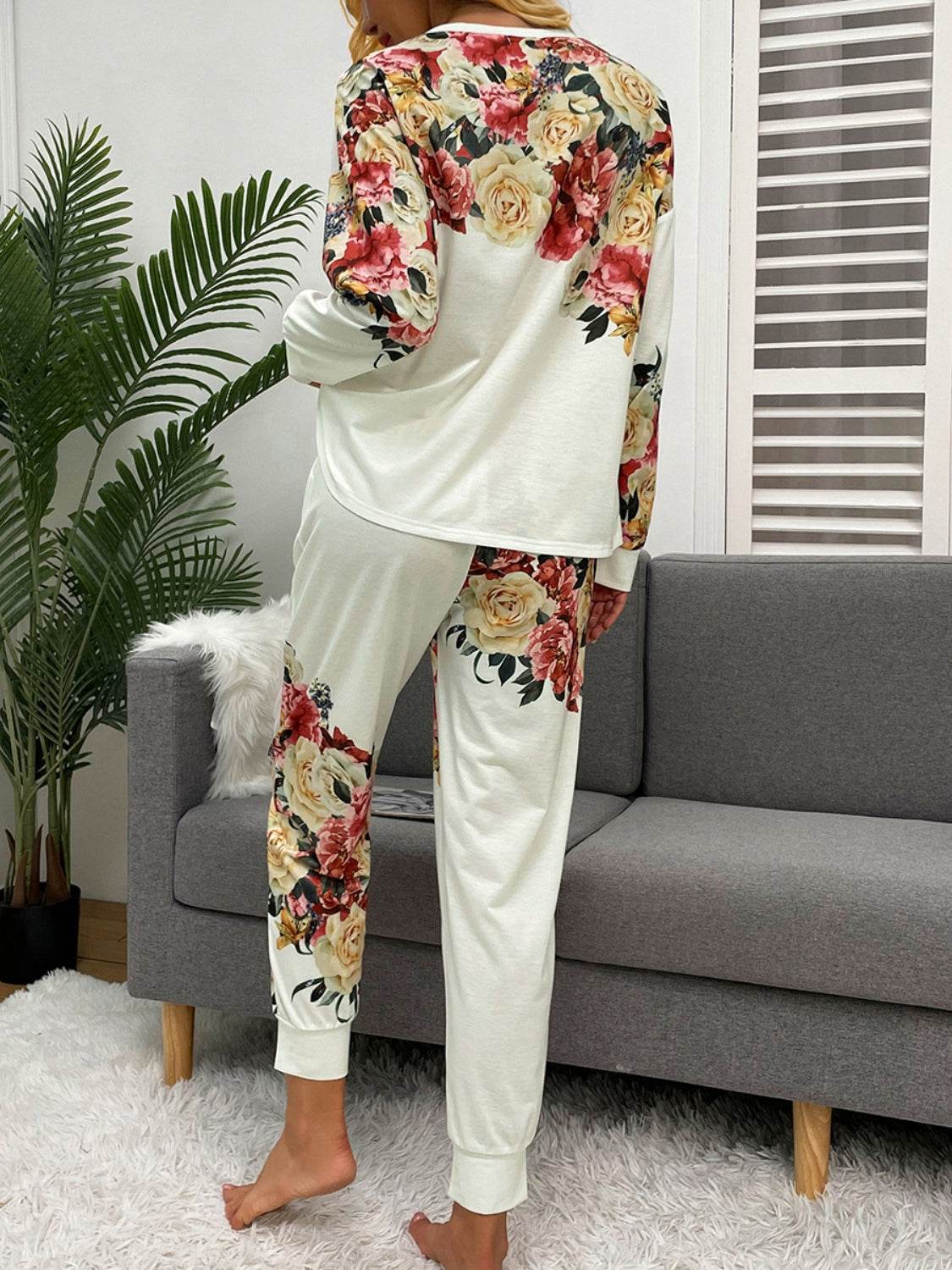 Shiny Printed Round Neck Top and Pants Lounge Set - DaTrendStore.Com
