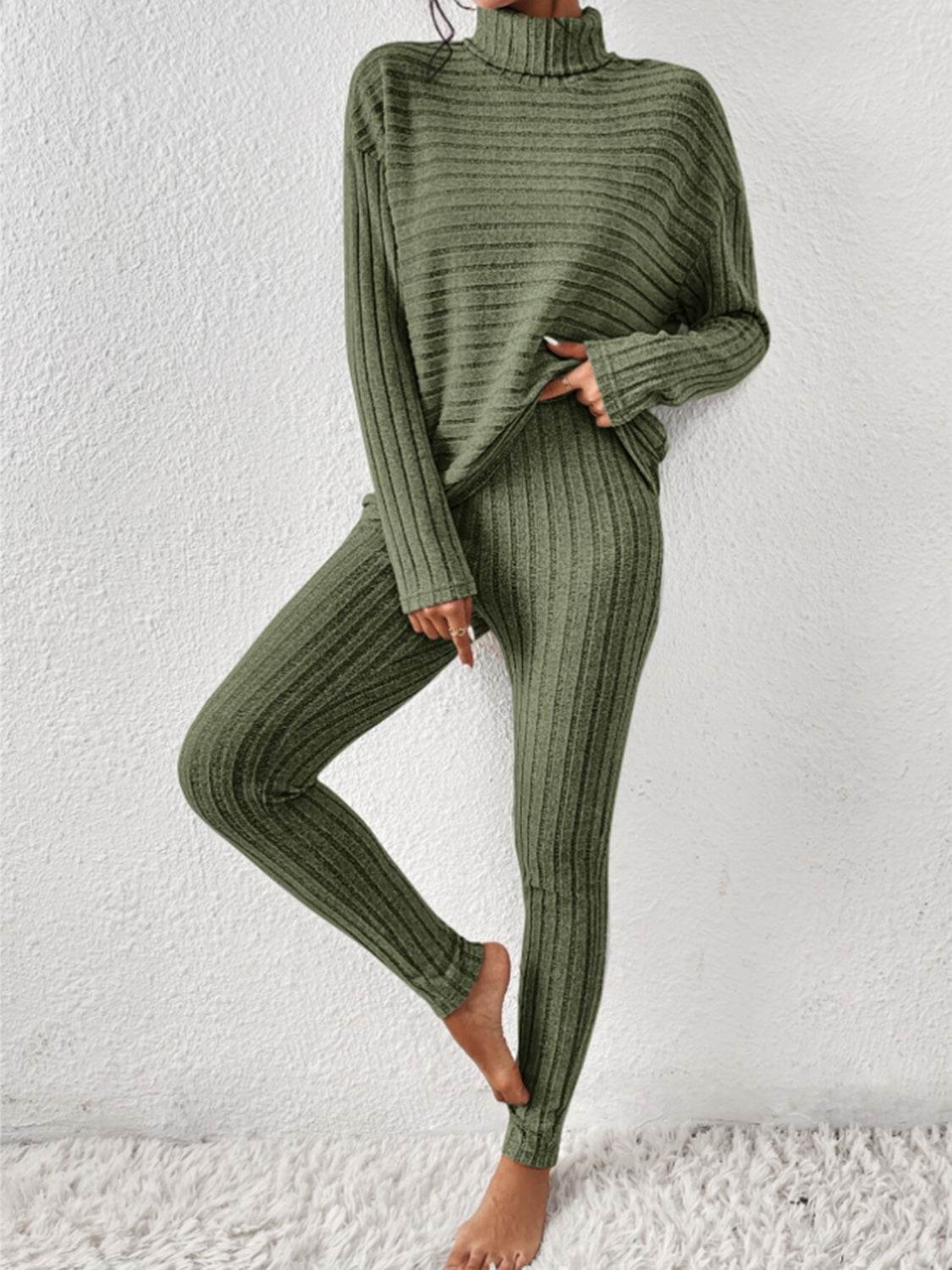 Ribbed Turtleneck Top and Pants Set - DaTrendStore.Com