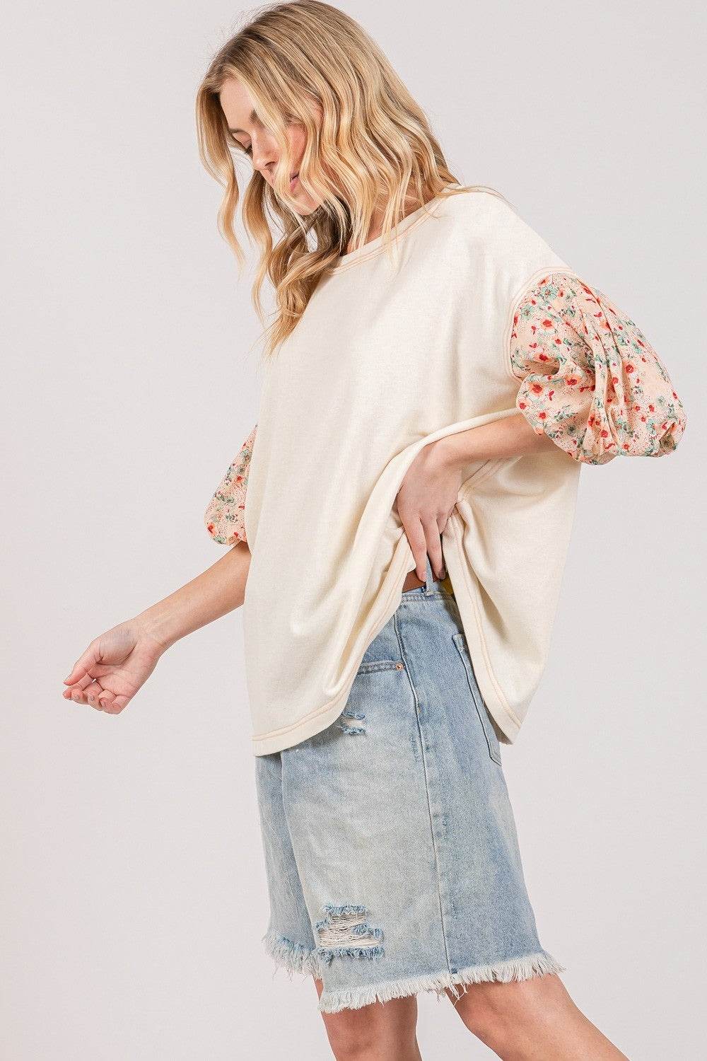 SAGE + FIG Round Neck Bubble Sleeve Oversize Top - DaTrendStore.Com