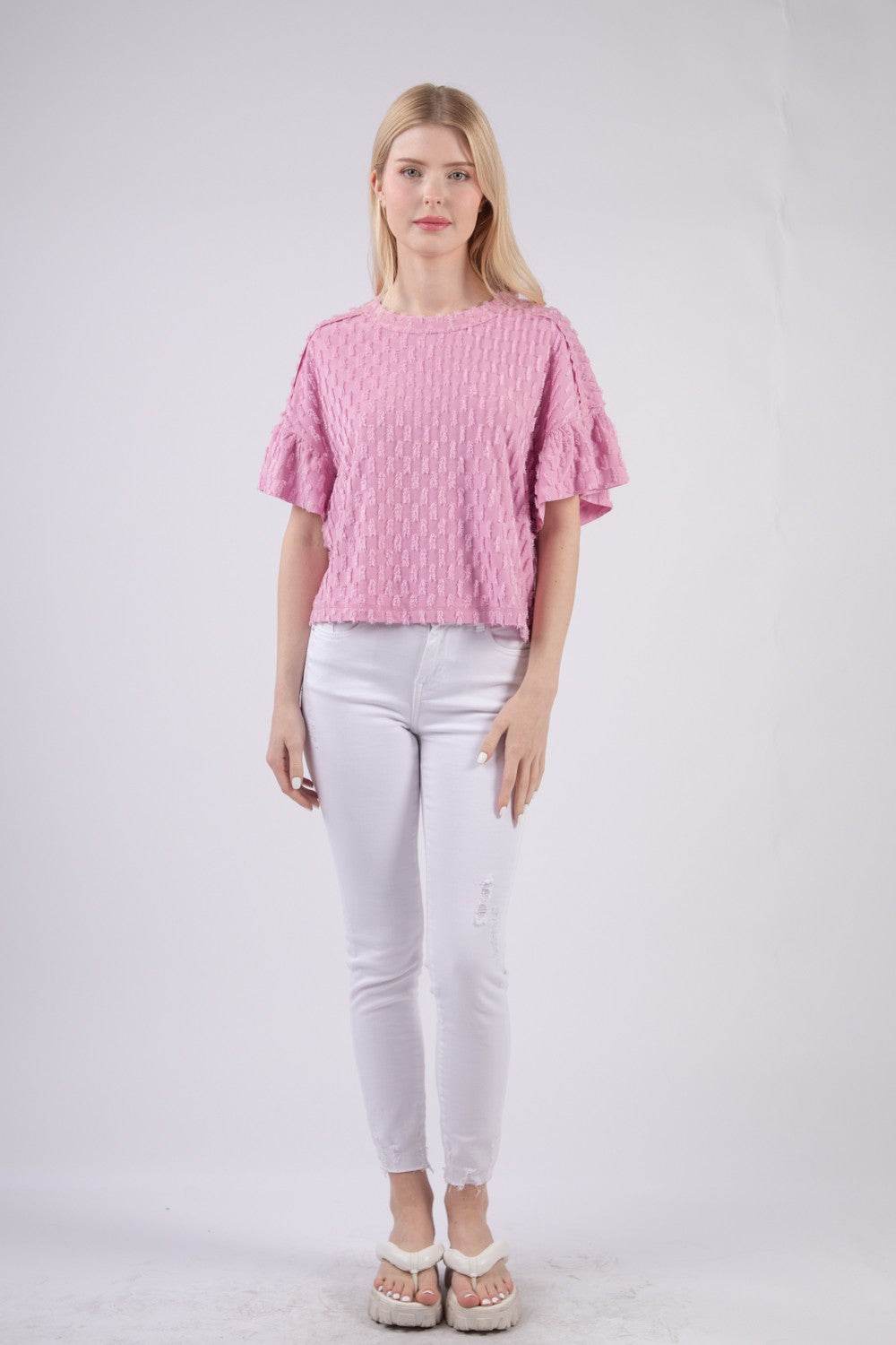 VERY J Full Size Texture Ruffle Short Sleeve Top - DaTrendStore.Com