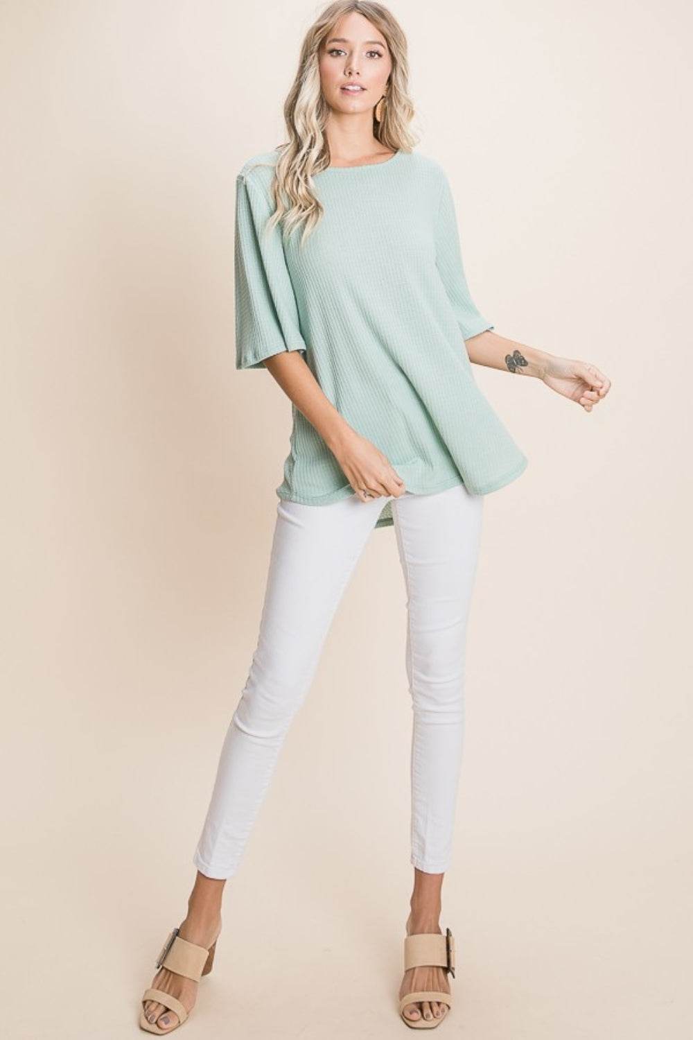 BOMBOM Round Neck Waffle Knit T-Shirt - DaTrendStore.Com