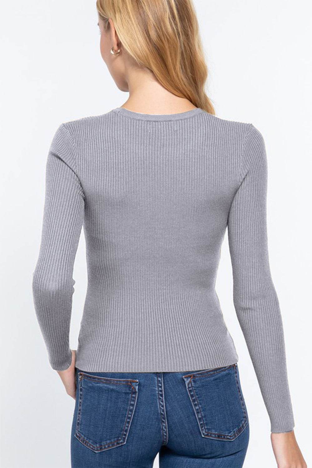 ACTIVE BASIC Full Size Ribbed Round Neck Long Sleeve Knit Top - DaTrendStore.Com