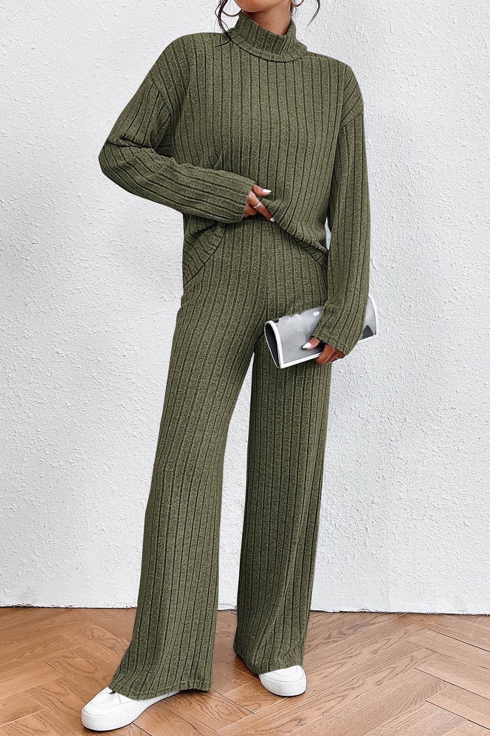 Ribbed Mock Neck Top and Pants Set - DaTrendStore.Com