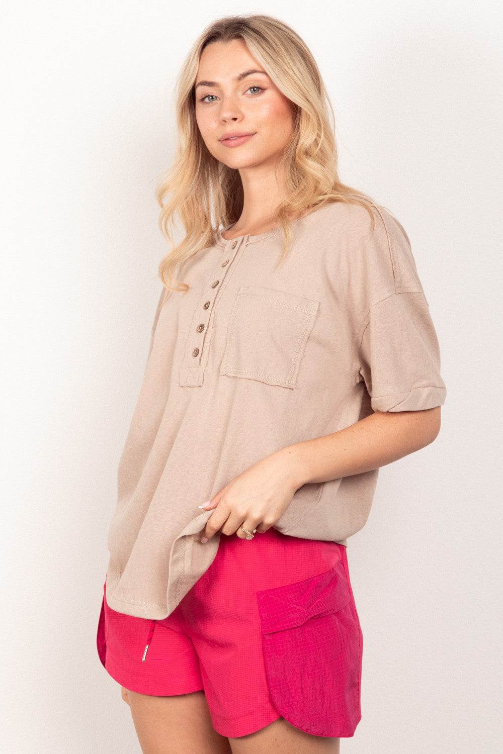 VERY J Twisted Sleeve Band Half Button Top - DaTrendStore.Com