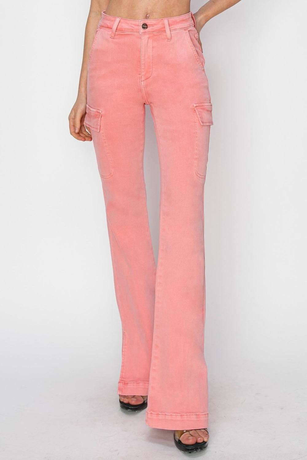 RISEN Full Size High Rise Side Slit Cargo Bootcut Jeans - DaTrendStore.Com