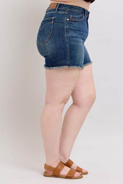 Judy Blue Tummy Control Fray Hem & Shield Back Pockets Denim Shorts - DaTrendStore.Com