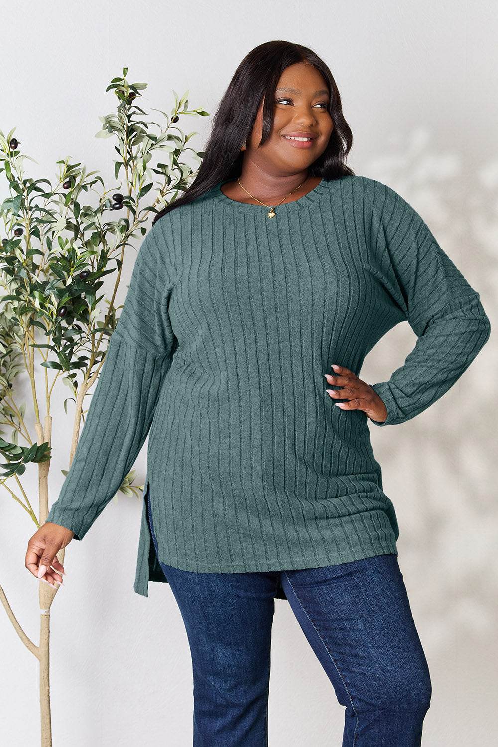 Basic Bae Full Size Ribbed Round Neck Long Sleeve Slit Top - DaTrendStore.Com