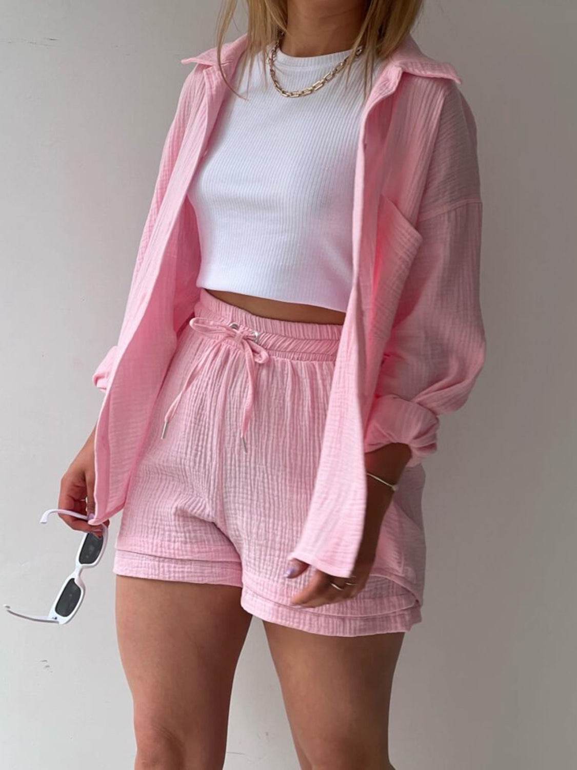 Texture Button Up Shirt and Drawstring Shorts Set - DaTrendStore.Com