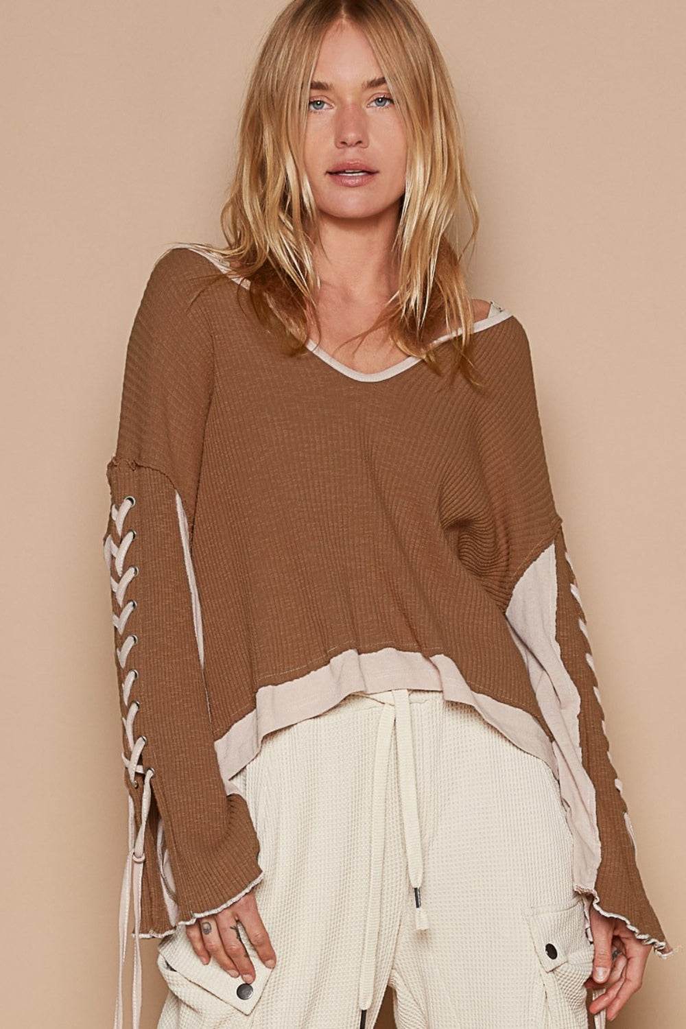 POL Lace-Up Sleeve Color Block Ribbed Knit Top - DaTrendStore.Com