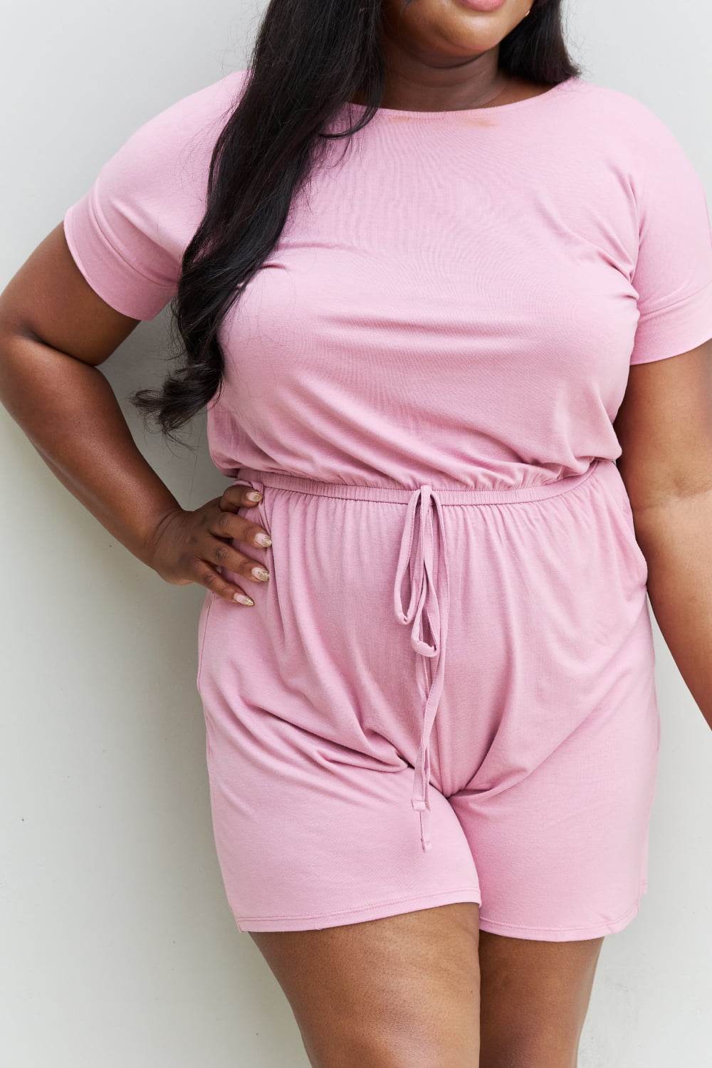 Zenana Chilled Out Full Size Short Sleeve Romper in Light Carnation Pink - DaTrendStore.Com
