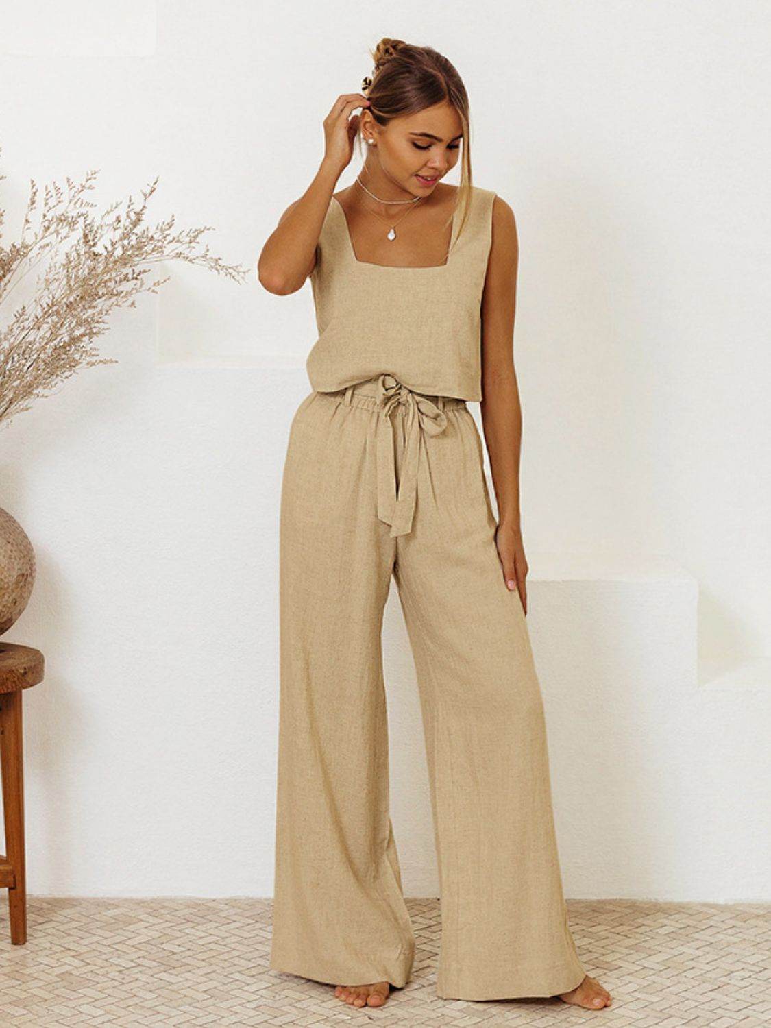 Square Neck Sleeveless Top and Pants Set - DaTrendStore.Com