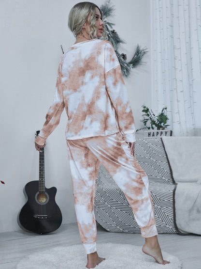 Shiny Tie-dye Round Neck Top and Drawstring Pants Lounge Set