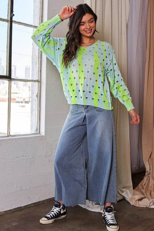 Davi & Dani Two-Tone Ribbed Hem Openwork Knit Top - DaTrendStore.Com