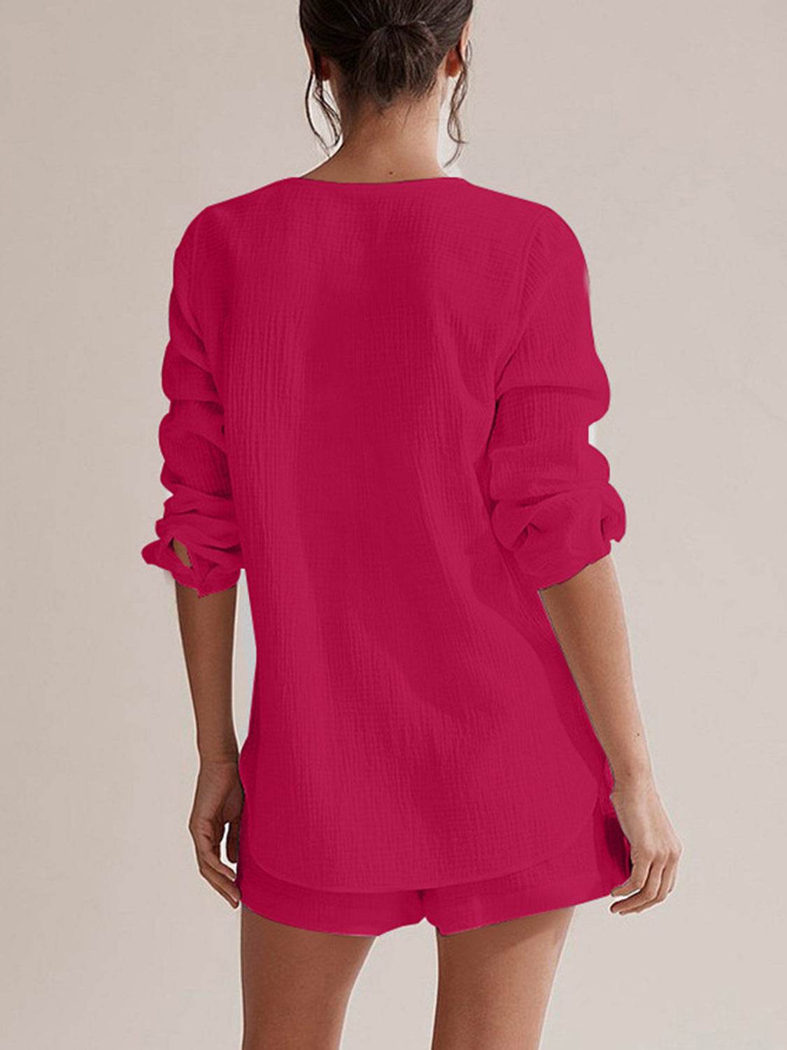 Notched Long Sleeve Top and Shorts Set - DaTrendStore.Com