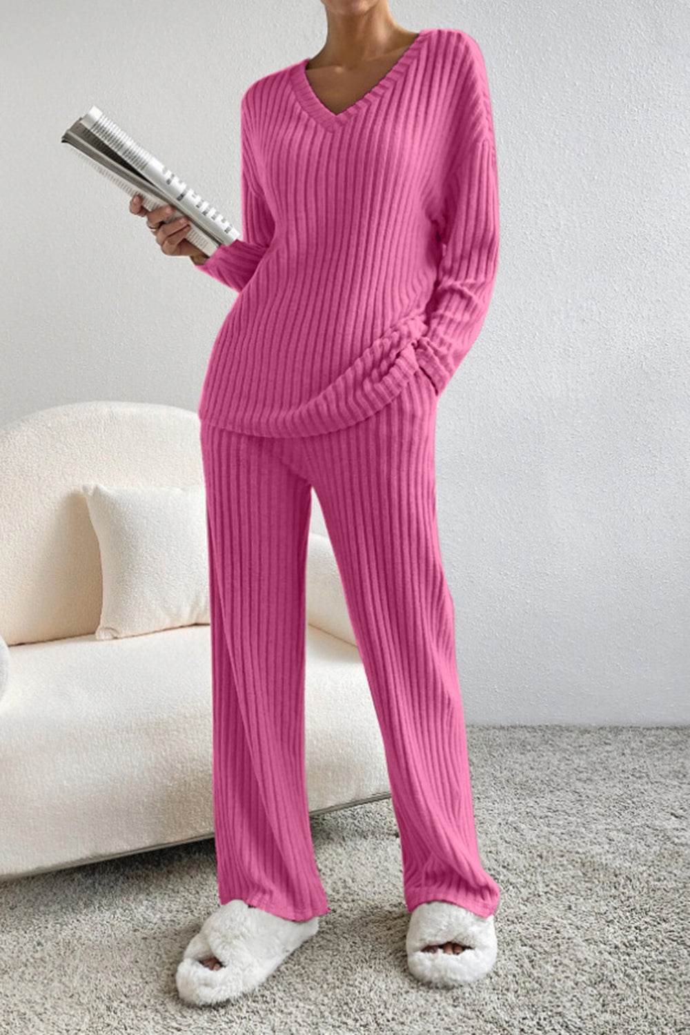 Ribbed V-Neck Top and Pants Set - DaTrendStore.Com