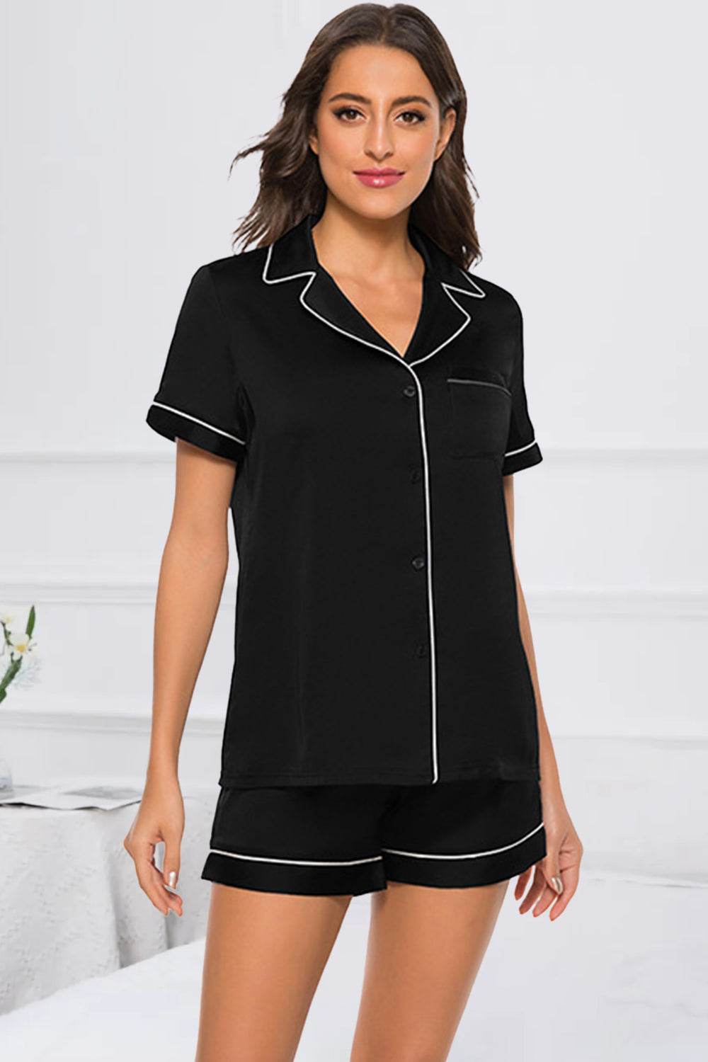 Printed Button Up Short Sleeve Top and Shorts Lounge Set - DaTrendStore.Com