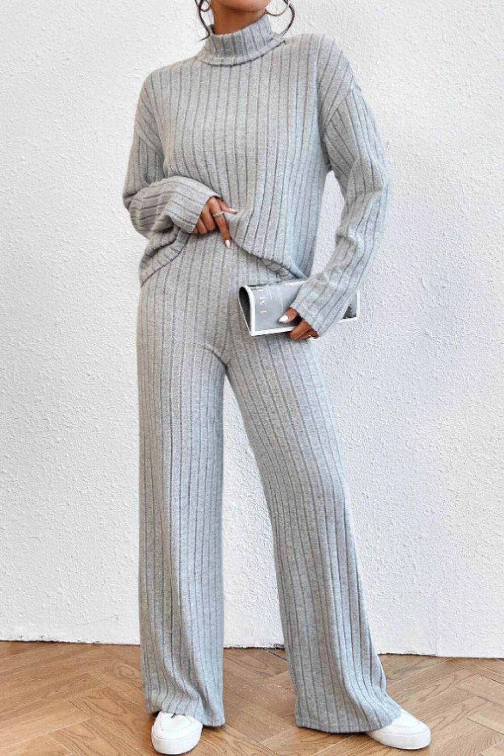 Mock Neck Dropped Shoulder Top and Pants Set - DaTrendStore.Com