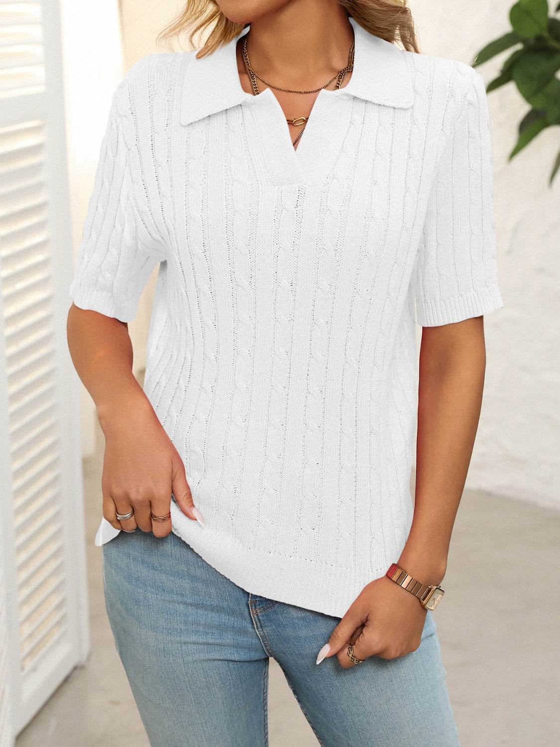 Mandy Cable Knit Johnny Collar Half Sleeve Sweater - DaTrendStore.Com