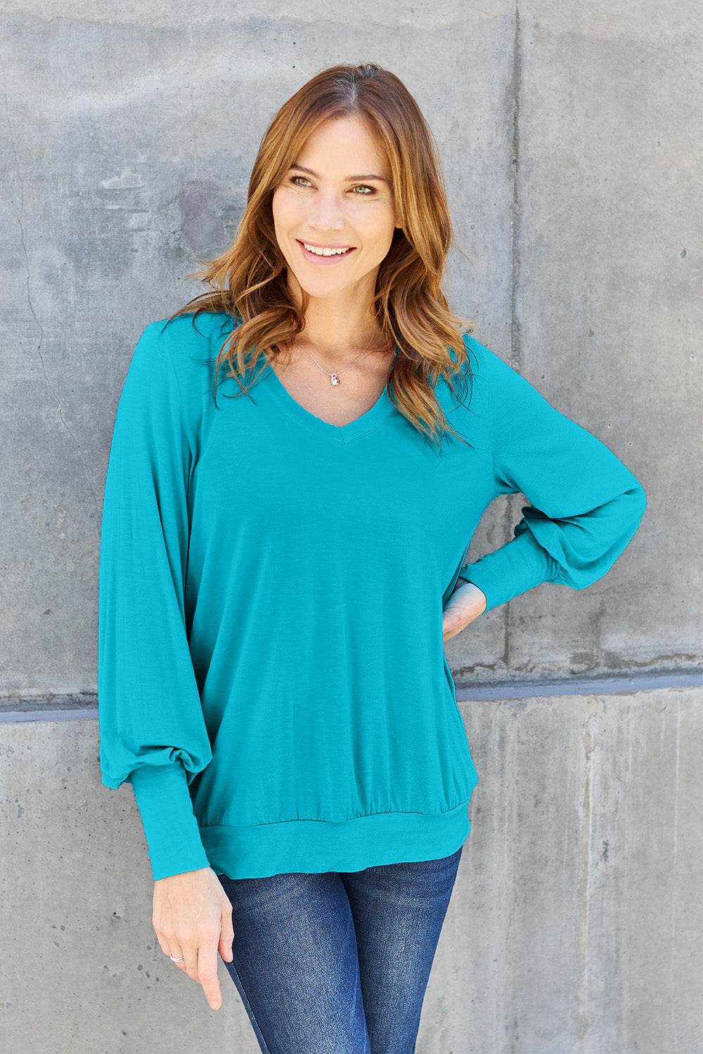 Basic Bae Full Size V-Neck Lantern Sleeve Top - DaTrendStore.Com