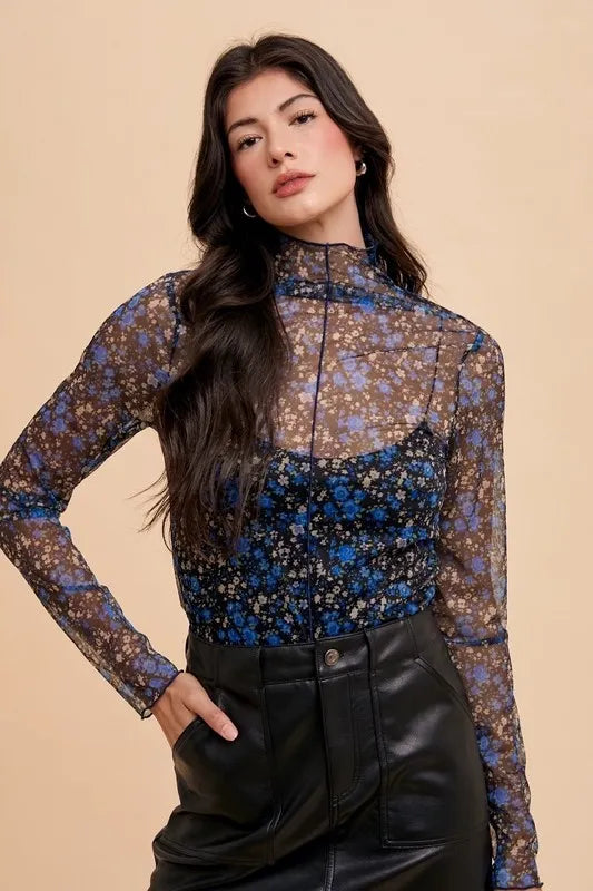 Annie Wear Black/Blue Floral Mesh Top