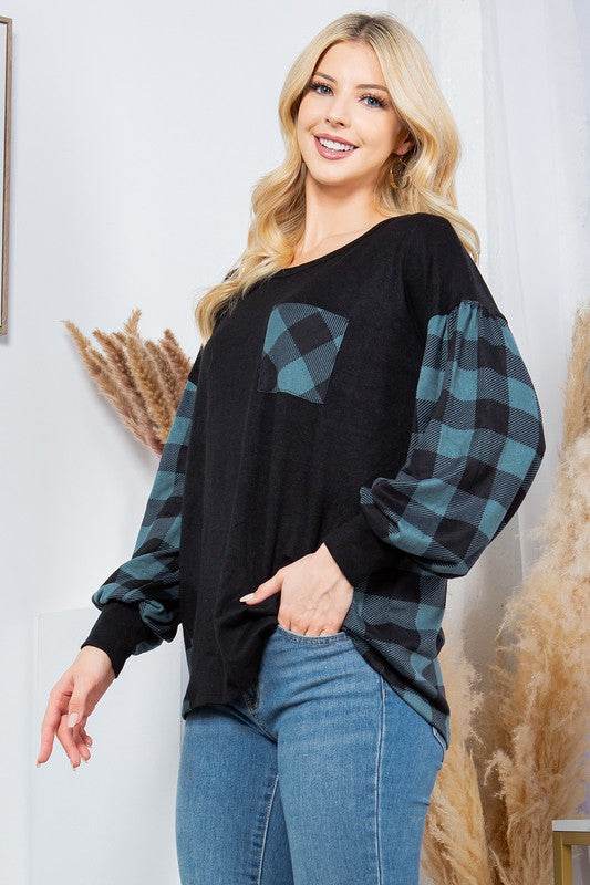 Plaid Contrast Bell Sleeve Sweater Knit - DaTrendStore.Com