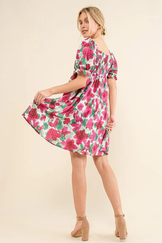 And The Why Fuchsia Smocked Floral Mini Dress