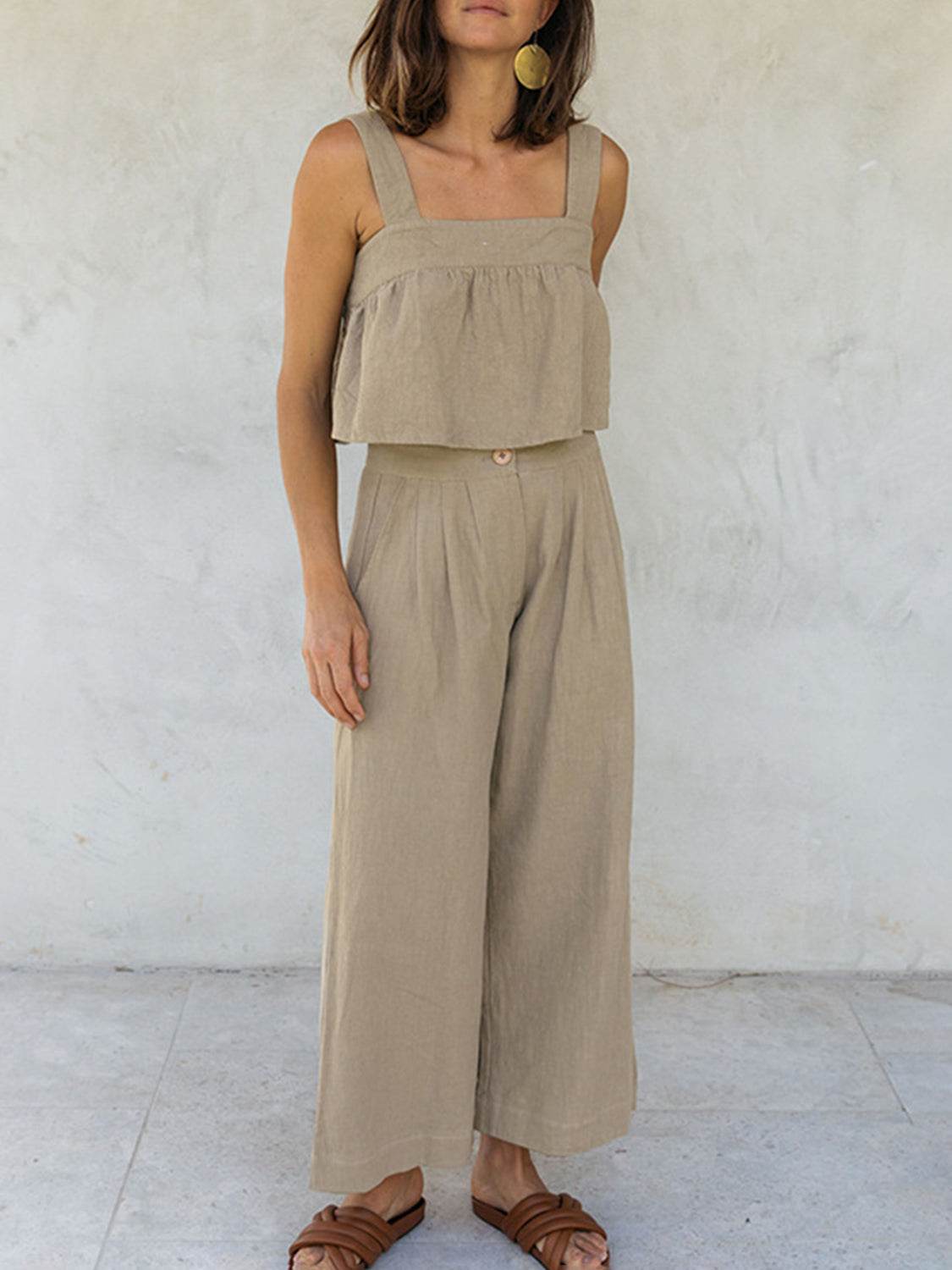 Square Neck Wide Strap Top and Pants Set - DaTrendStore.Com