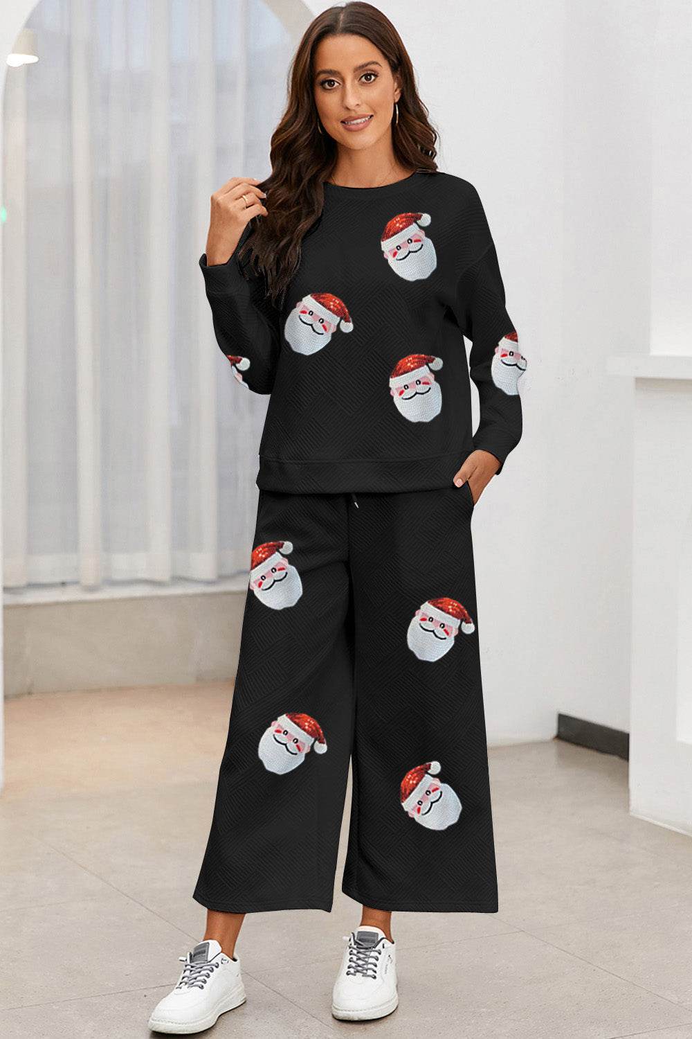 Santa Sequin Round Neck Top and Pants Set - DaTrendStore.Com