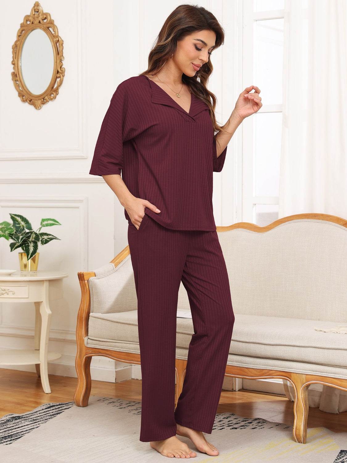 Ribbed Half Sleeve Top and Pocketed Pants Set - DaTrendStore.Com