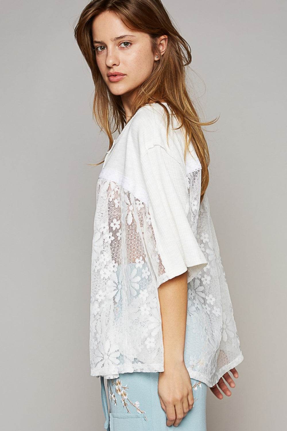 POL Round Neck Short Sleeve Lace Top - DaTrendStore.Com