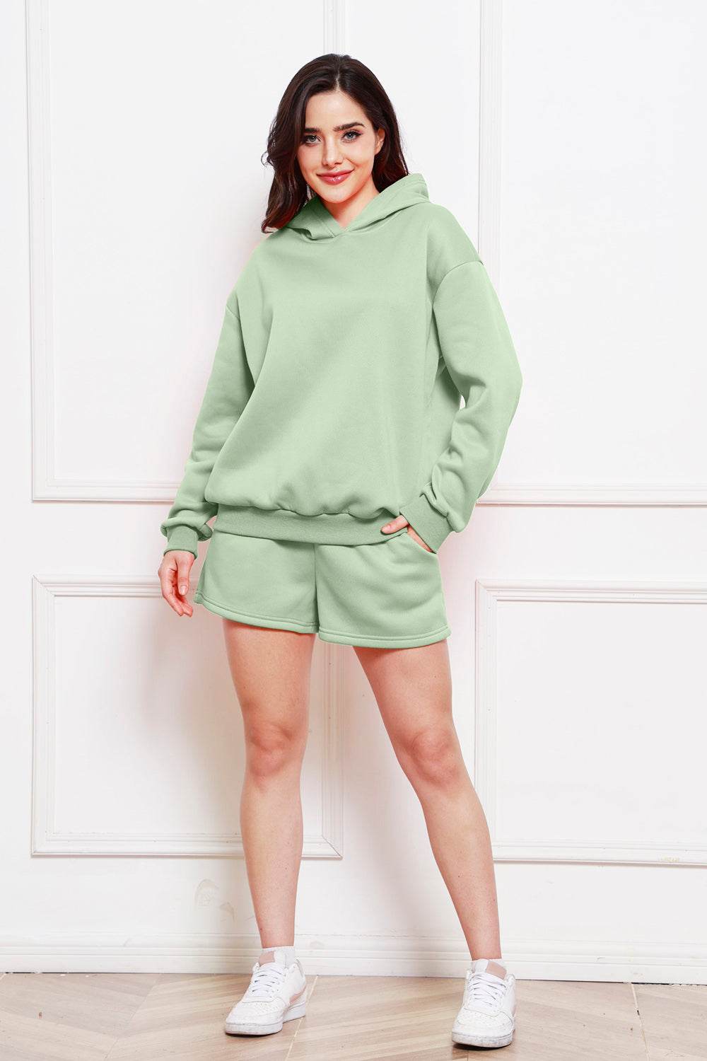 Drop Shoulder Long Sleeve Hoodie and Shorts Set - DaTrendStore.Com