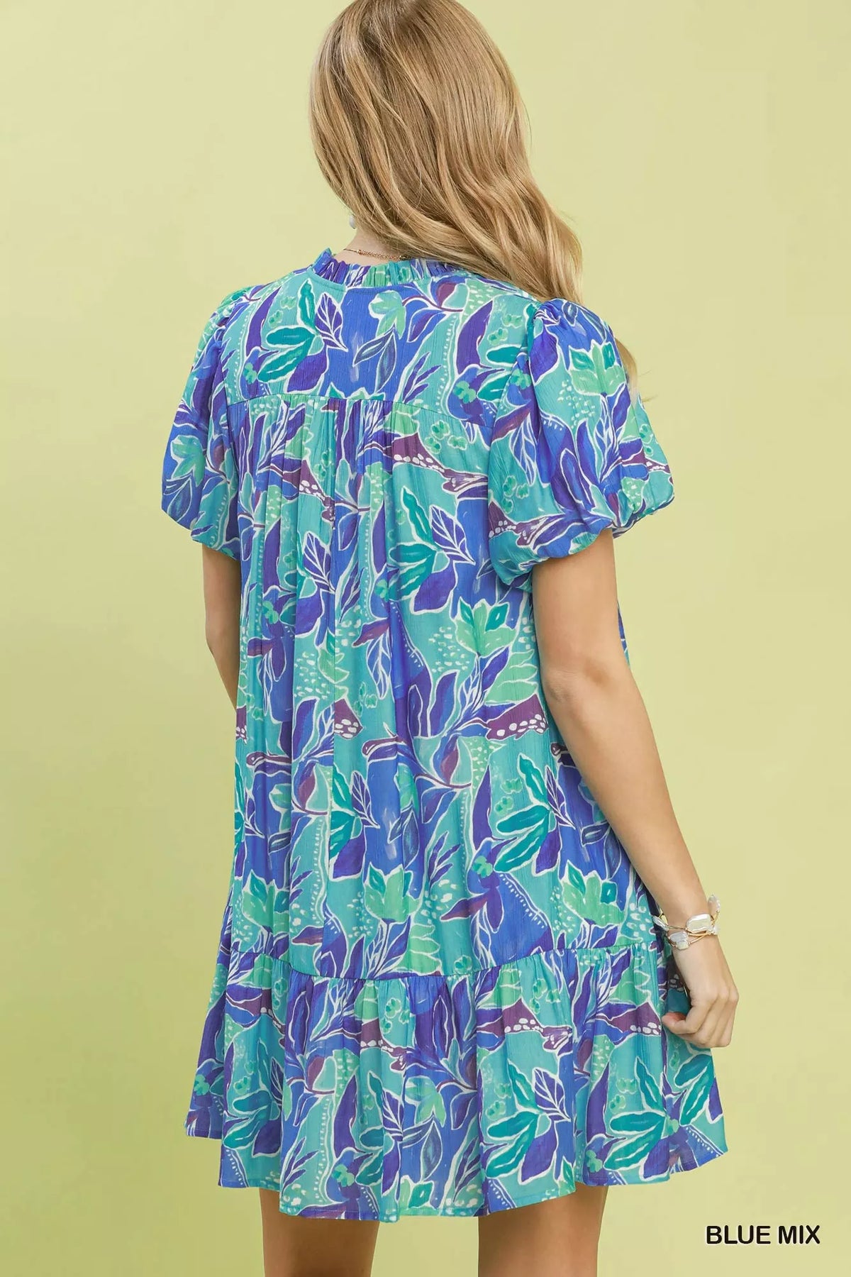 Umgee Tropical Floral Puff Sleeve Tiered Mini Dress - Blue Mix