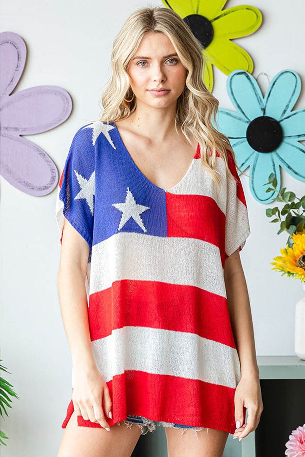 First Love Full Size USA Flag Drop Shoulder Knit Top - DaTrendStore.Com
