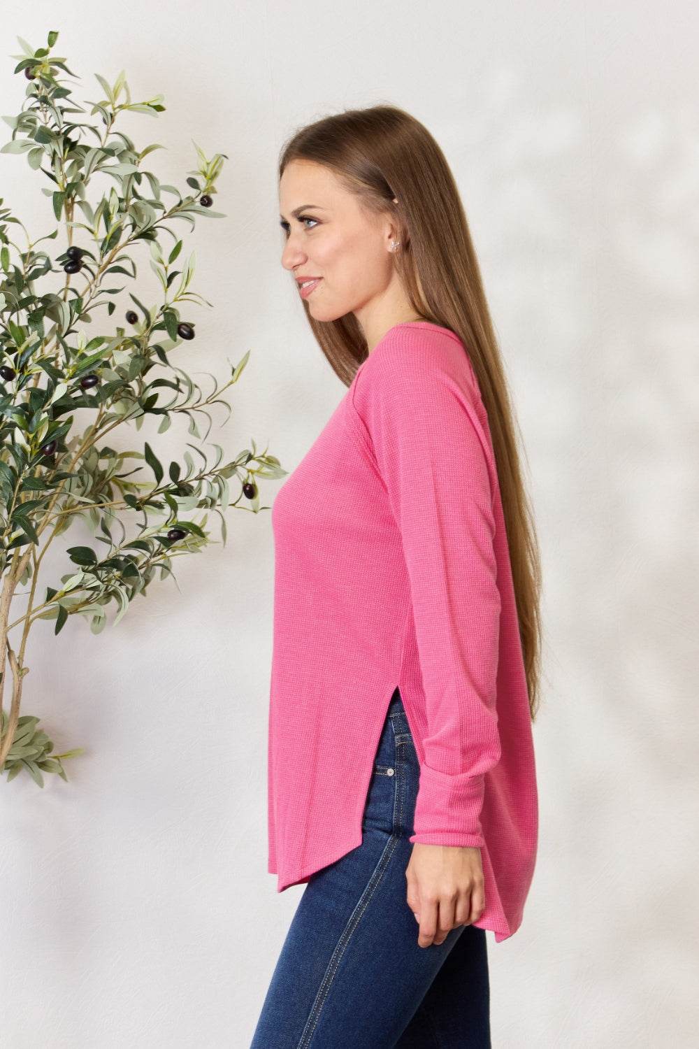 Zenana Round Neck Long Sleeve Slit Top - DaTrendStore.Com