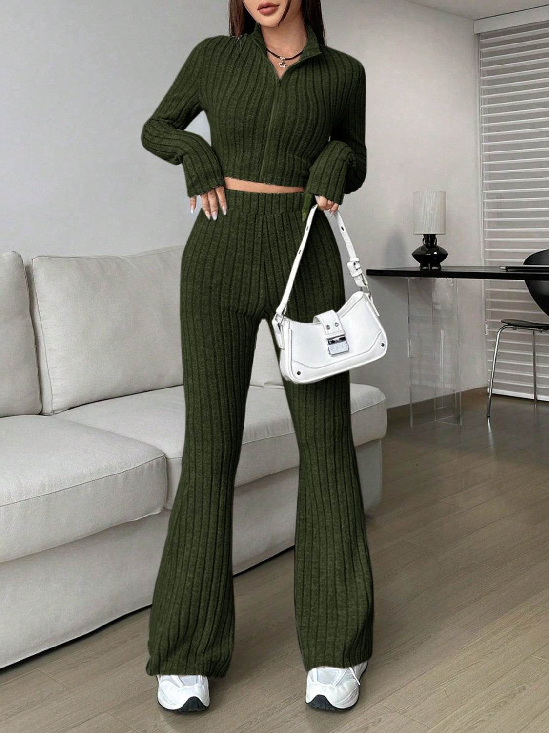 Honey Zip Up Long Sleeve Top and Pants Set - DaTrendStore.Com