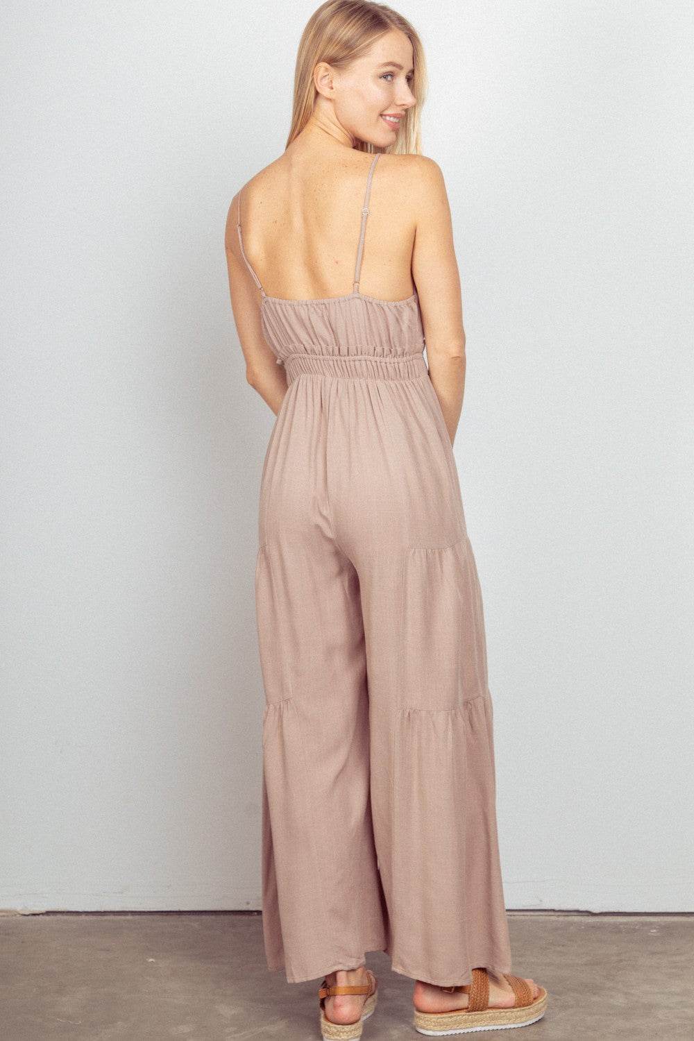 VERY J Sleeveless Ruched Wide Leg Jumpsuit - DaTrendStore.Com