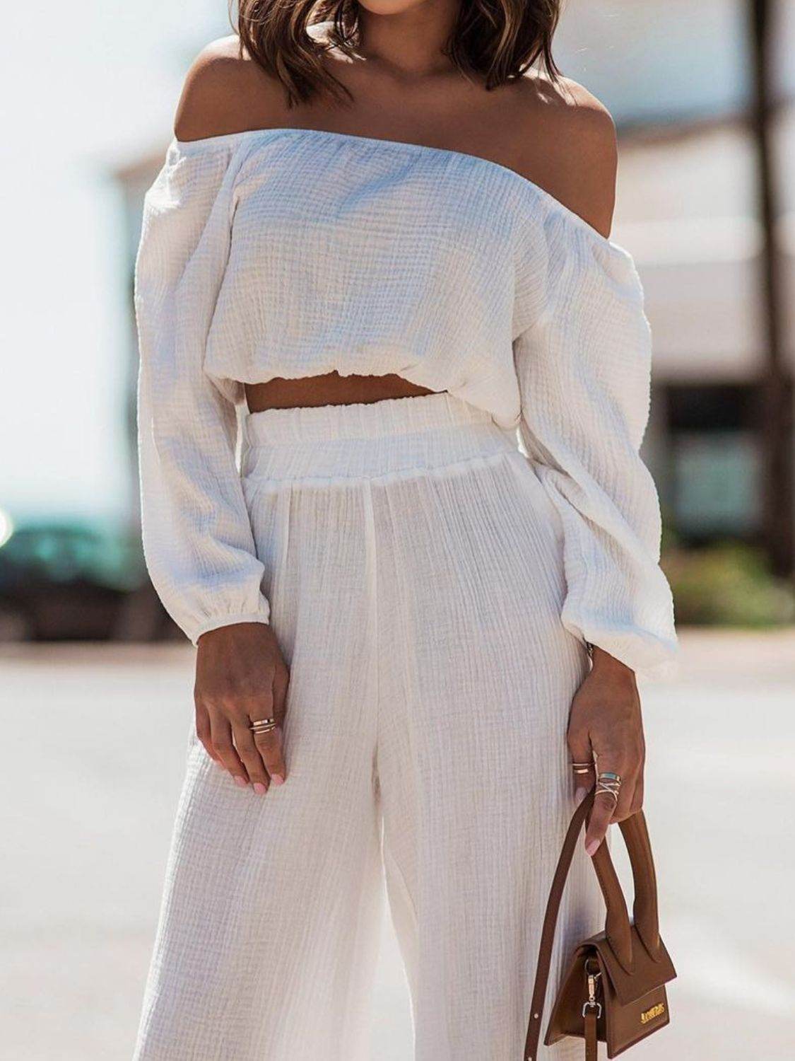 Off Shoulder Long Sleeve Top and Pants Set - DaTrendStore.Com
