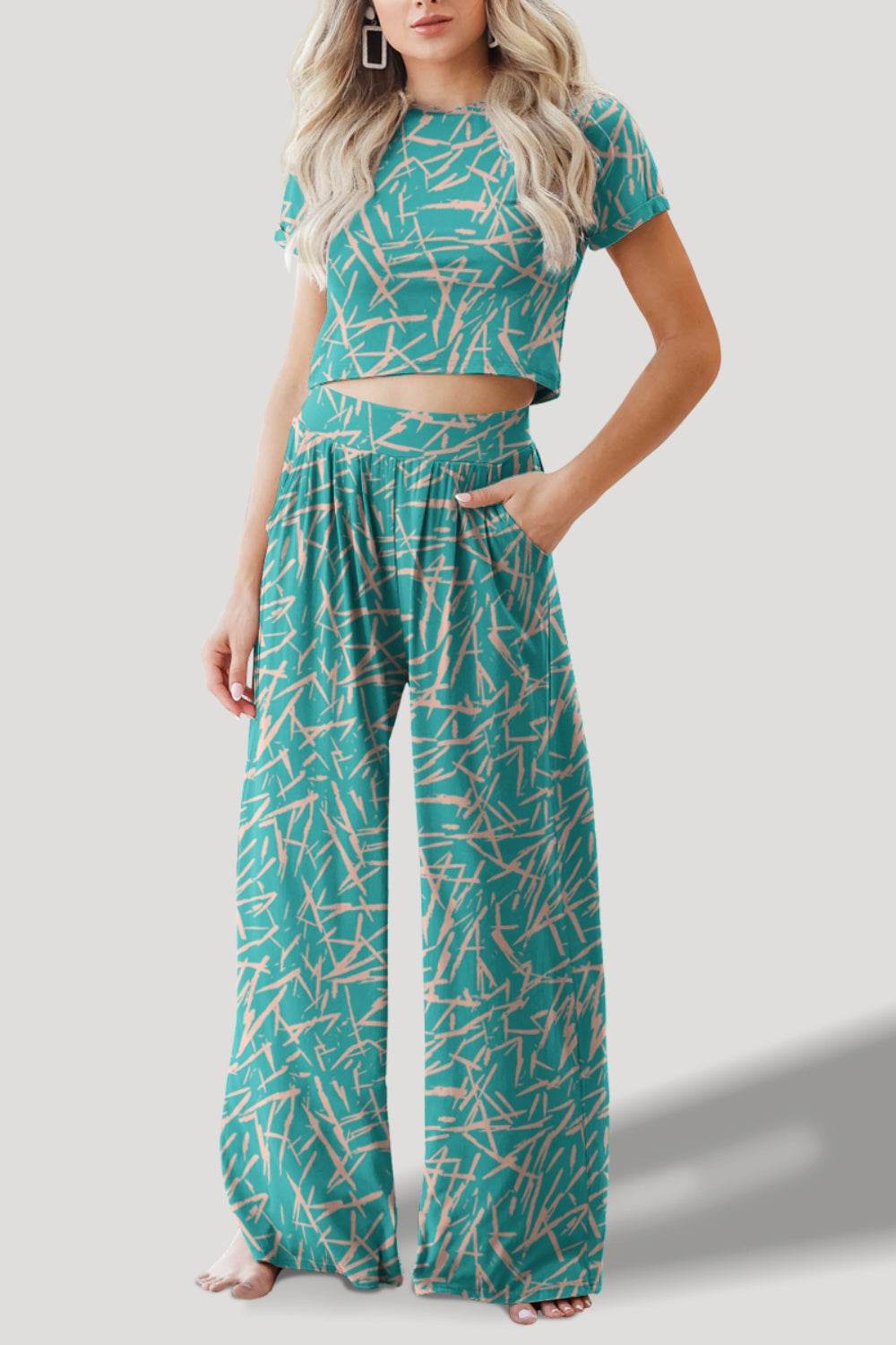 FAM-FAM Printed Round Neck Short Sleeve Top and Pants Set - DaTrendStore.Com