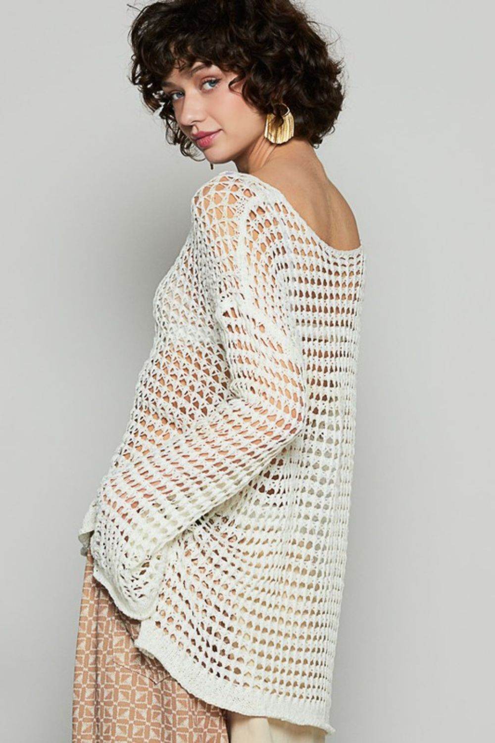 POL Side Slit Openwork Long Sleeve Knit Cover Up - DaTrendStore.Com