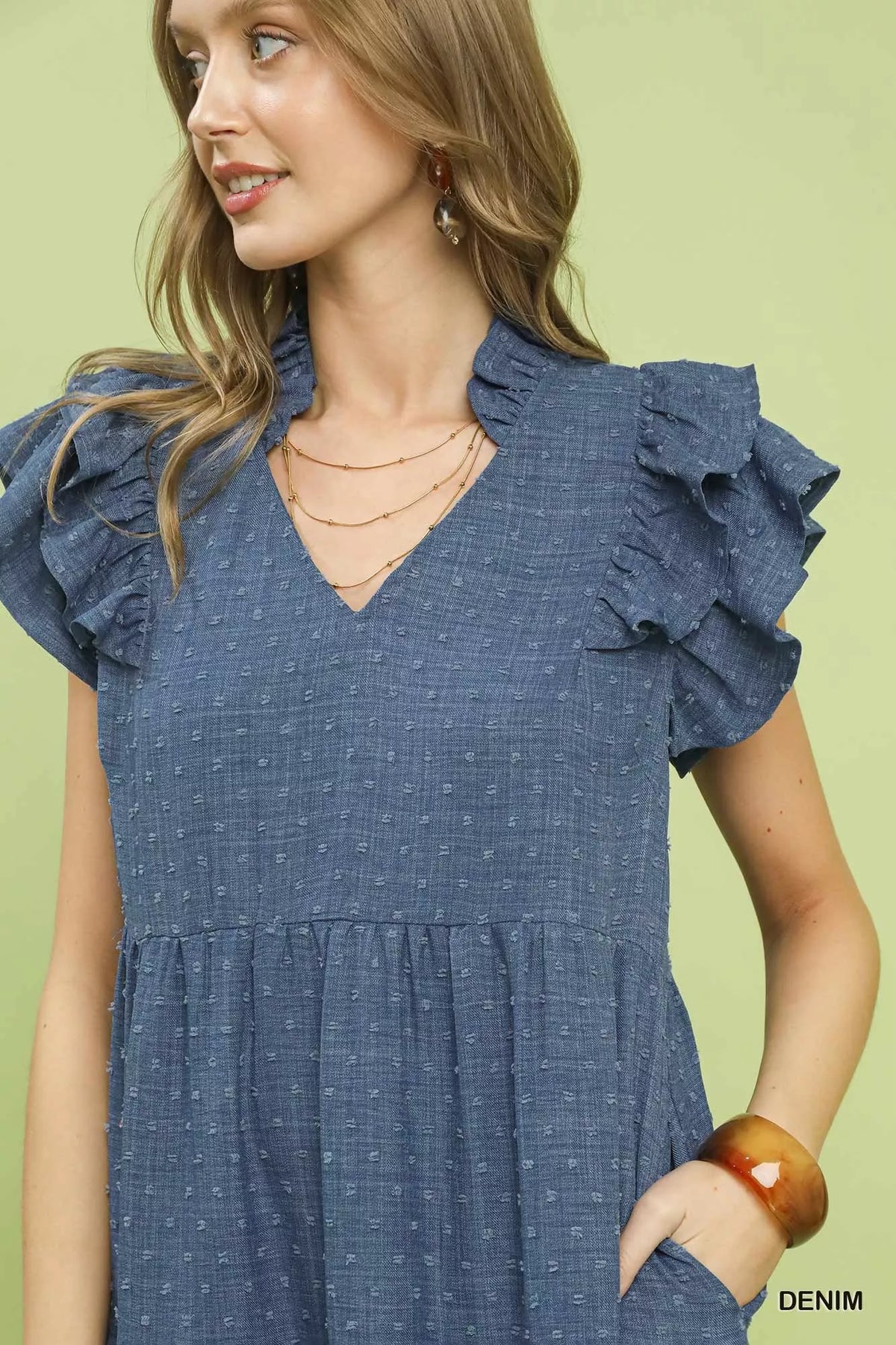 Umgee Textured Ruffle Sleeve Tiered Midi Dress - Denim