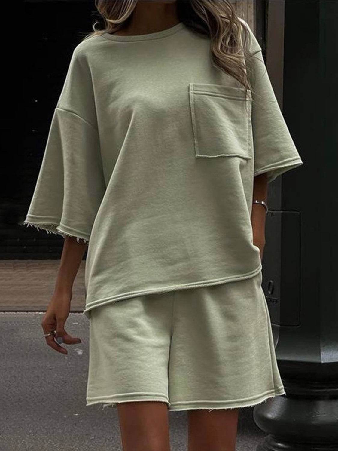 Pocketed Round Neck Half Sleeve Top and Shorts Set - DaTrendStore.Com