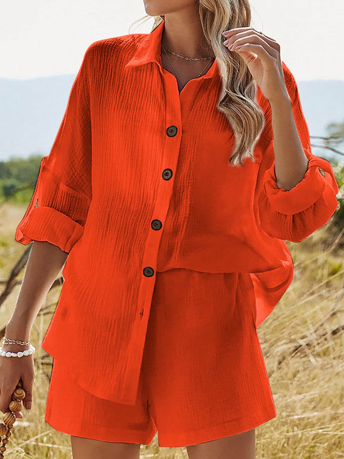 Texture Button Up Shirt and Shorts Set - DaTrendStore.Com