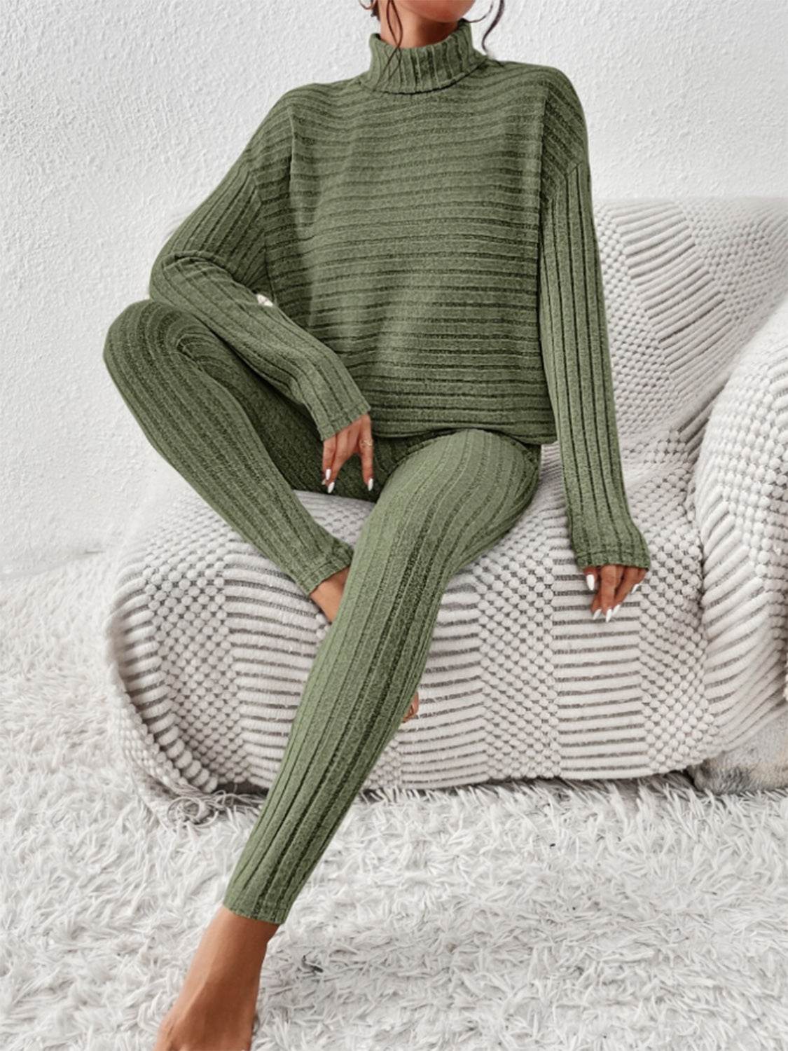 Ribbed Turtleneck Top and Pants Set - DaTrendStore.Com